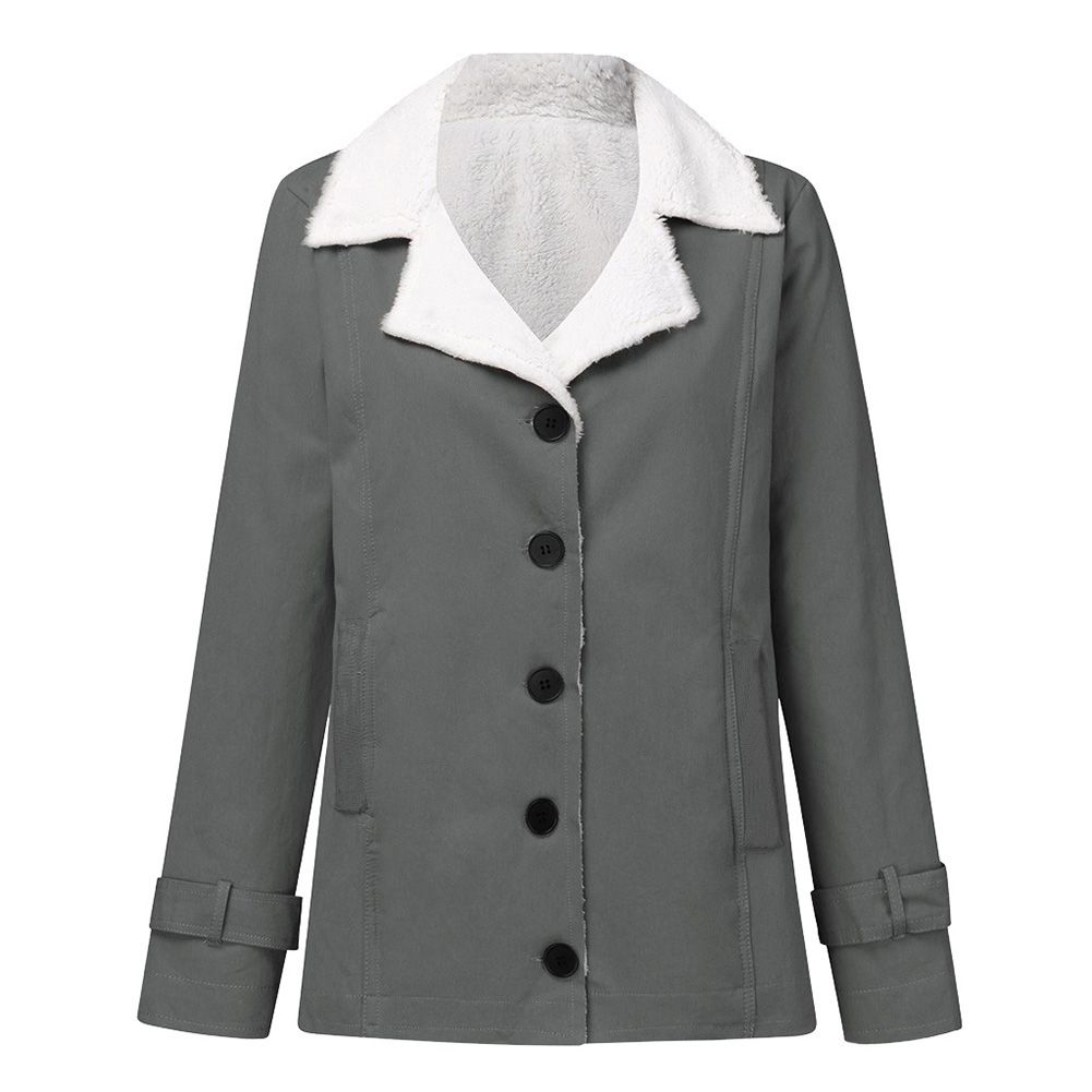 Women Winter Solid Color Buttons Lapel Warm Coat Plush Thick Outerwear Jacket