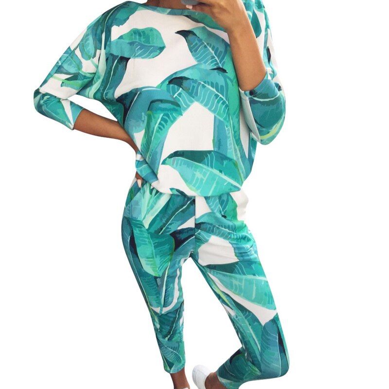 Fashion O Neck Pajama Set Women Long Sleeve Flower Cartoon Sleepwear Women's pyjamas Sets Home Clothes Pyjama Female