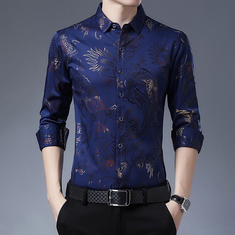 OIMG 2021New Dress Shirts Men Slim Fit Chinese Dragon Print Silk Shirt Spring Long Sleeve Casual Shirts Camisa Masculina C725