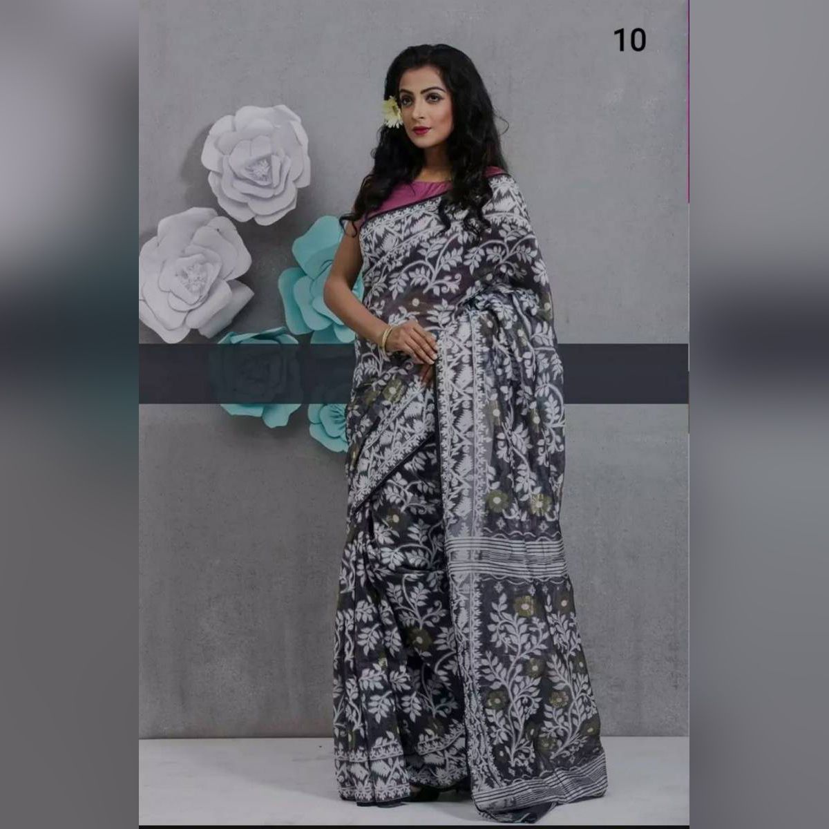 Black & White Silk Jamdani Saree