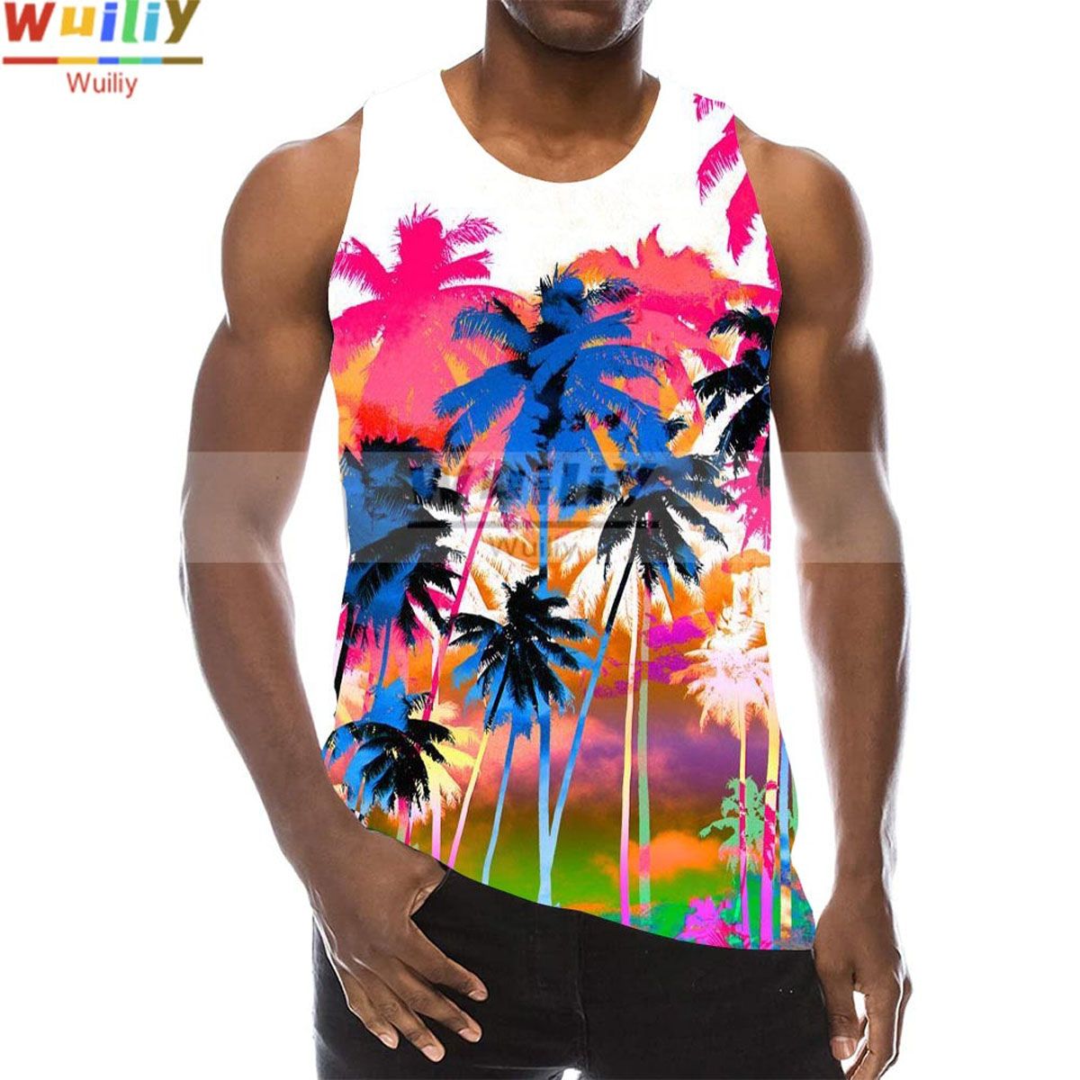 Palm Graphic TaTop For Men 3D Print Sleeveless Beach Palm Pattern Tops Paint Vest Hawaii Colorful Pigment T-shirt