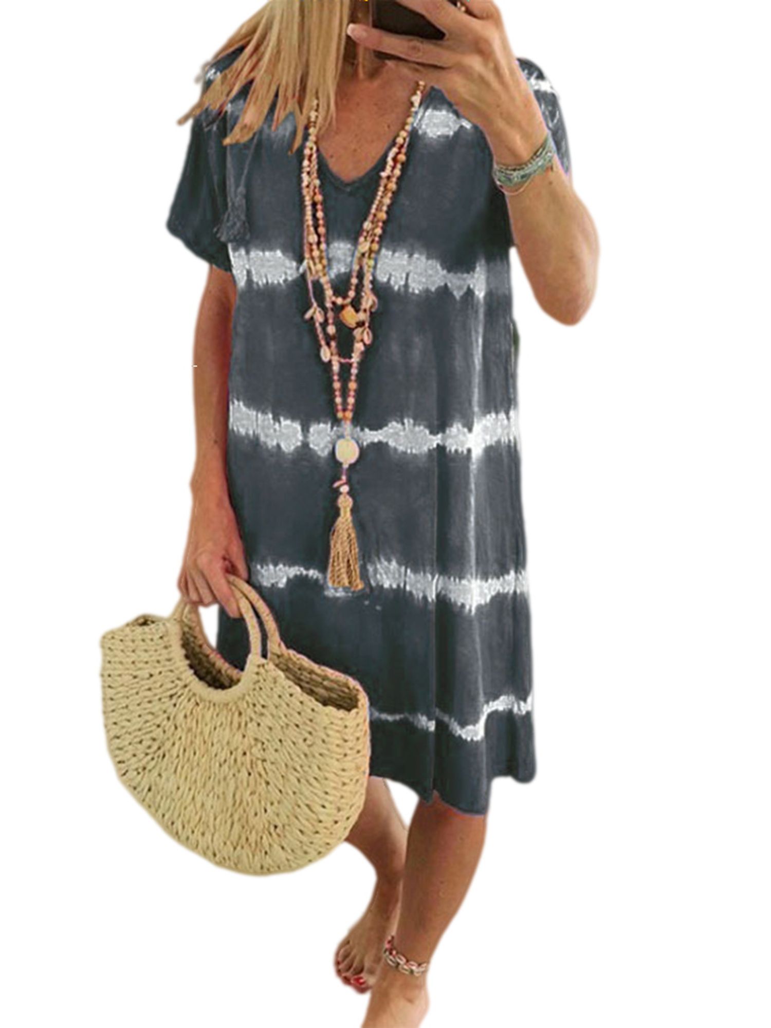 2021 Women Tie Dye Stripe Printed T-Shirt Dress, V Neck Short Sleeve Loose Straight Midi Dress
