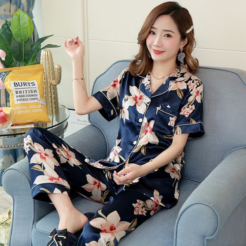 Plus Size Women Pajamas Set Summer Short Sleeve Homewear Silk Satin Sleepwear Set Elastic Pants Suit Woman Pajama 3XL 4XL 5XL