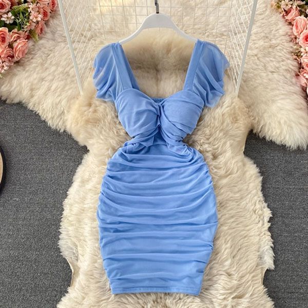 Blue/Khaki/White Sexy Draped Bodycon Dress Women Elegant Square Collar Short Sleeve High Waist Mini Vestidos Party Robe 2021 New