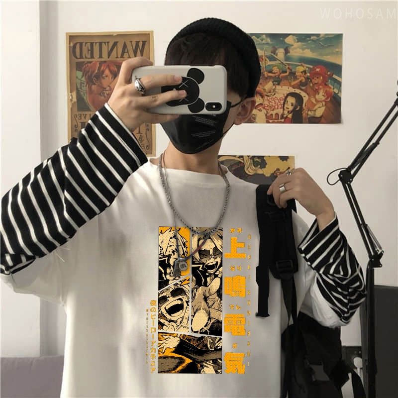 Fashion Jnese Anime My Hero Academia Striped T-Shirt Top Men Women Harajuku Manga Kaminari Denki Graphics Long Sleeve T Shirt