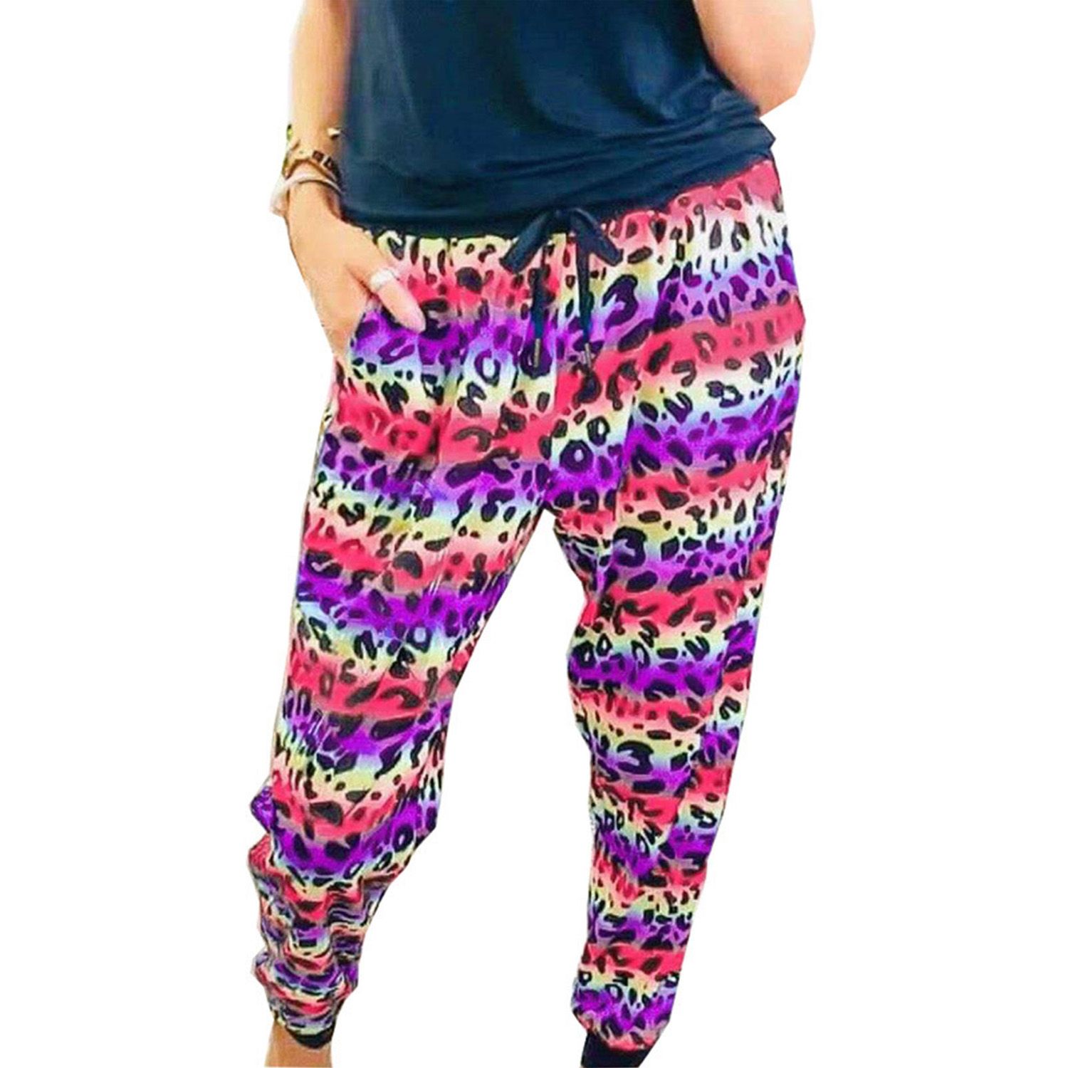 Female Pants, Leopard Print High Waist Trousers Ankle Banded Pants for Women, Khaki/Red/Gray/Blue