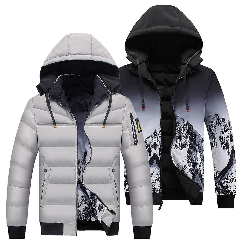 Men Winter Casual Detachable Hat Warm Reversible Jackets Parkas Coat Men Autumn Fashion Snow Mountain Print Thick Parka Male