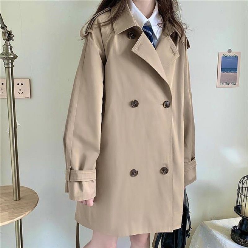 Mid-length trench coat Harajuku preppy Style double-breasted loose notched collar Japanese style coat Korea vintage women's coat