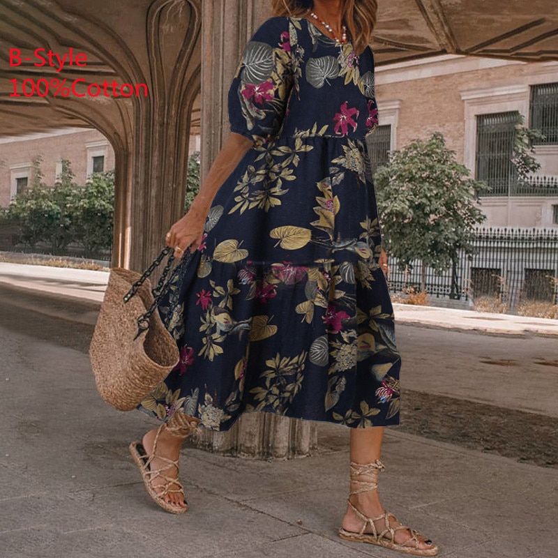 Summer Dress Vintage  Lantern Sleeve Mid-Calf Dress Beach Bohemian Women'Summer Sundress 2021 VONDA Casual Vestido Oversized
