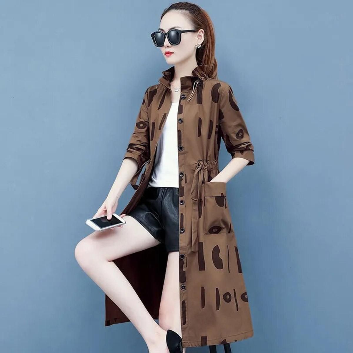 Spring Autumn  Thin Women's Windbreaker Korean Loose printing Mid-length Coat Women Jacket Outwear Ladies Plus Size Overcoat