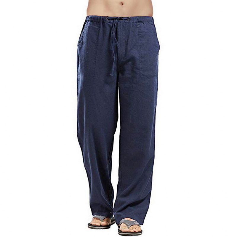 New Mens Nature Cotton Linen Trousers Summer Pants Casual Male Solid Elastic Waist Straight Loose Pants Plus Size Fit