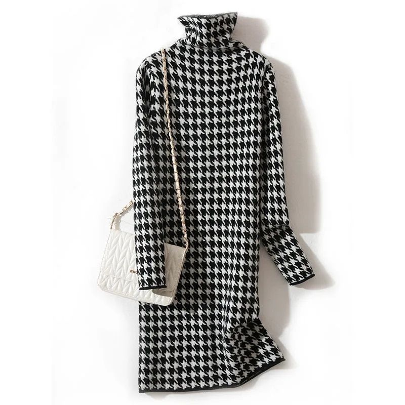 dress large size2021 autumn and winter new Korean version of thoundstooth casual thick warm high-neck knitted bottoming dress
