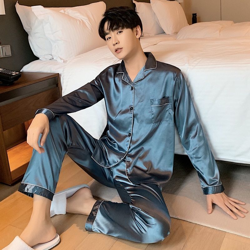 Solid Color Sleepwear Silk Satin Pajamas couple Set Long on-Down Pyjamas Suit Pijama Women Men Loungewear Plus Size Pj Set