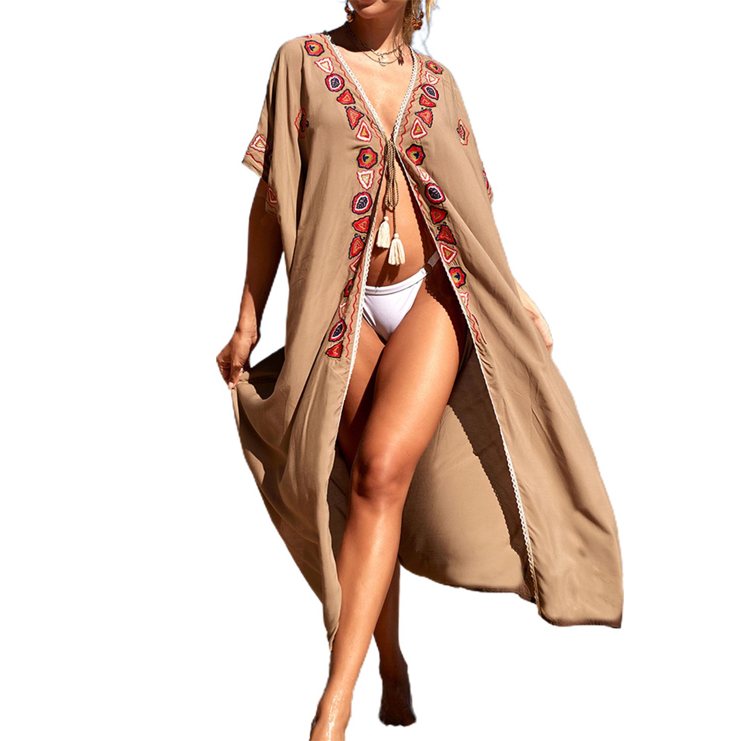 Women Bikini Cover Up Dress, Short Sleeve Printed V-Neck Split Beach Dress, Summer Long Swimwear Cover-Up