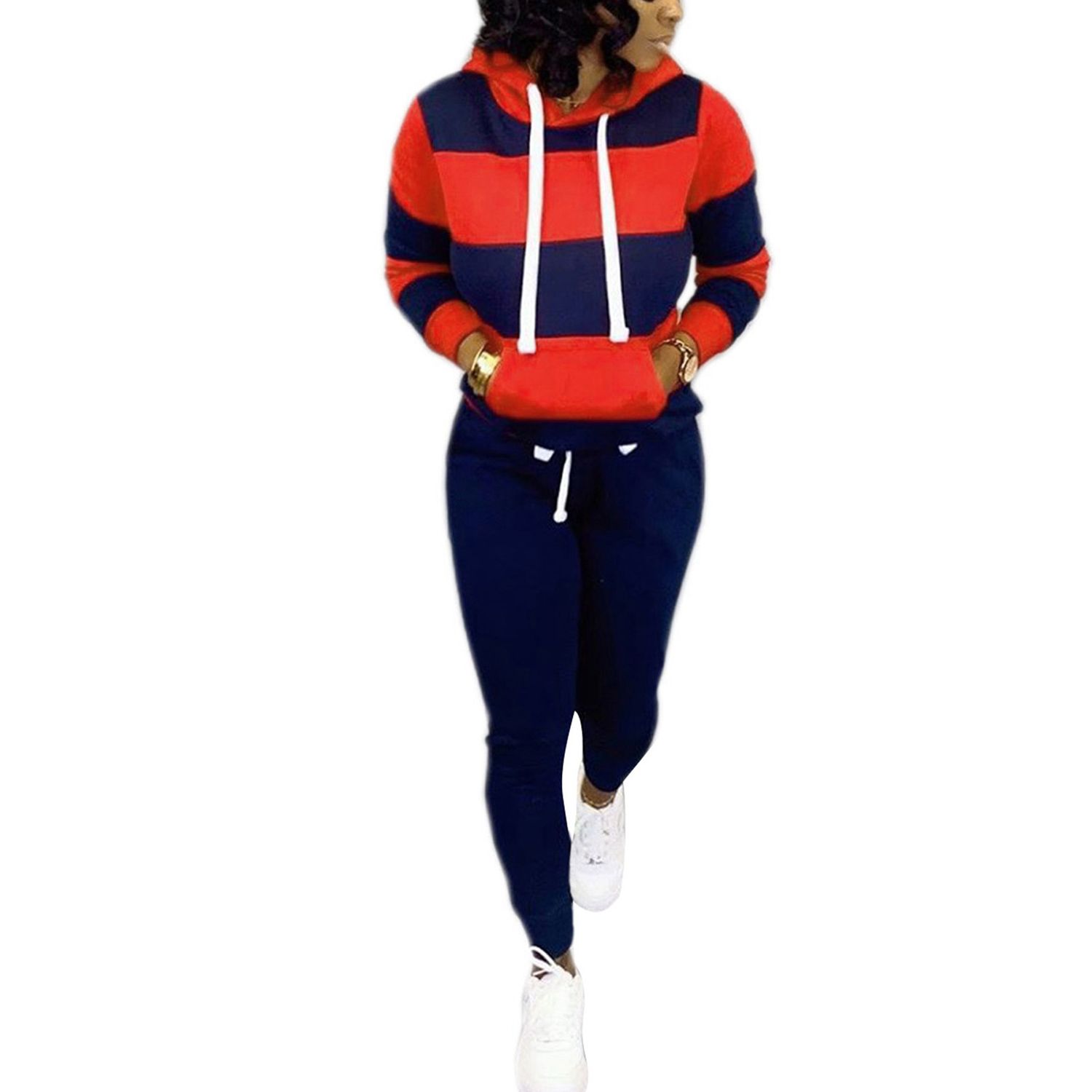 Women's 2 Piece Outfits, Casual Long Sleeve Striped Hoodie + Elastic Waist Pants Set Tracksuit