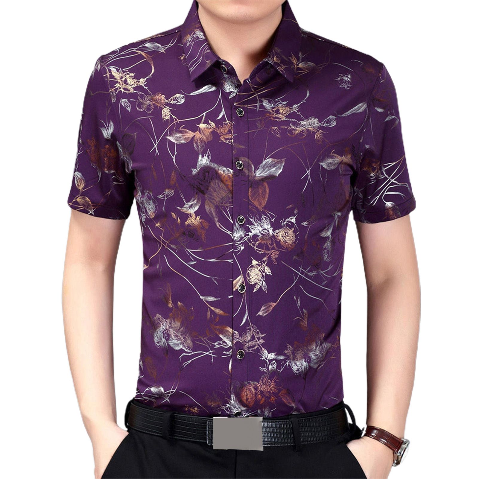 Men Social Shirt Flower Print Slim Soft Turndown Collar Buttons T-shirt for Working