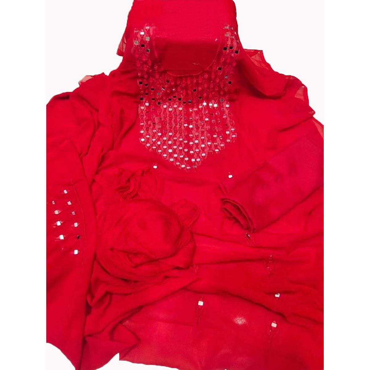Red Color Indian Unstitched  Georgette Glass Work Salwar Kameez For Women {3 Piece}