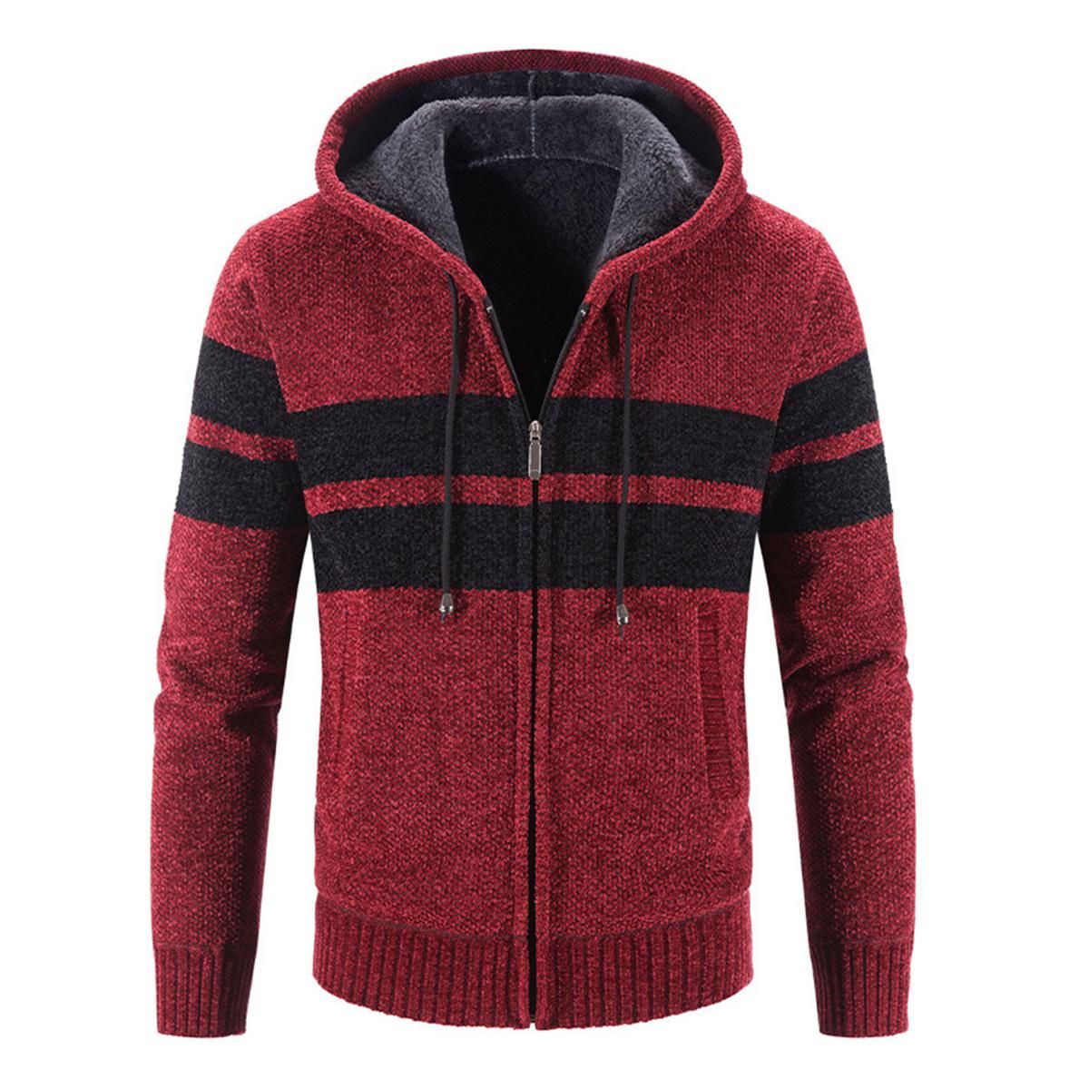 Knitted Jacket Stretchy Striped Patchwork Pockets Hooded Sweater Coat