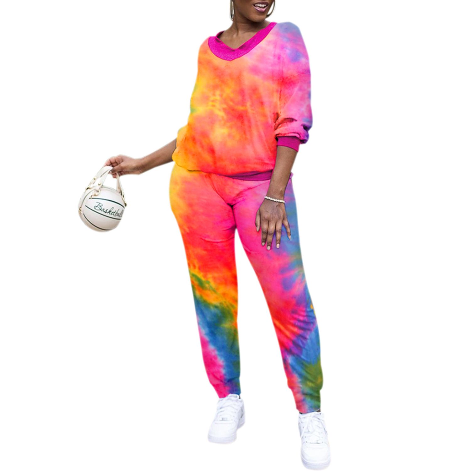 2021 Women's 2 Piece Outfits, Stylish Print Long Sleeve V Neck T-Shirt + Pants Set Tracksuit