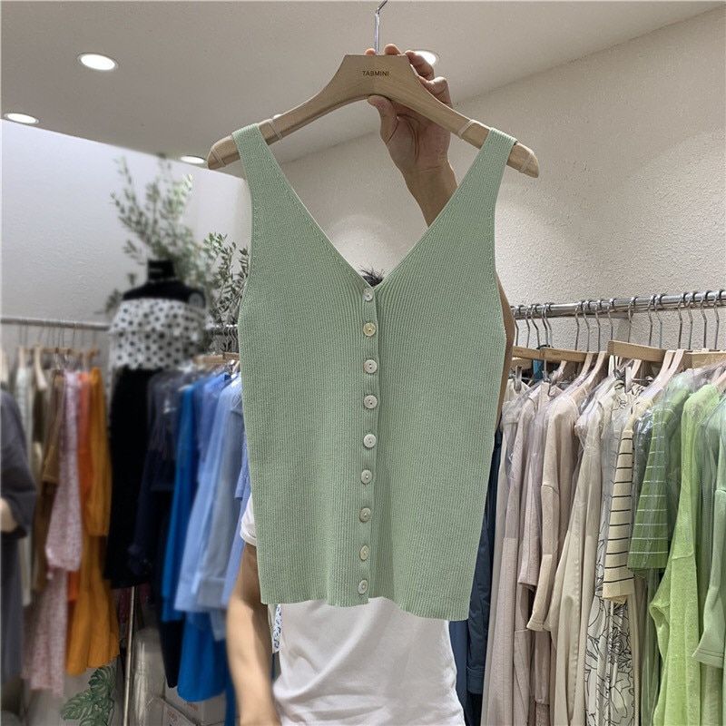 Button Knit Vest Women Top Camisole Female Solid Elastic knited Slim Sleeveless Tops Femme Summer Casual Camis New