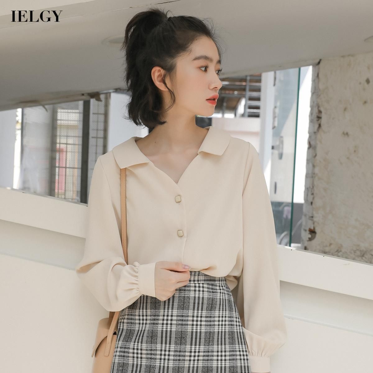 IELGY Women's clothes lapel loose tops French versatile Korean shirts simple fashion