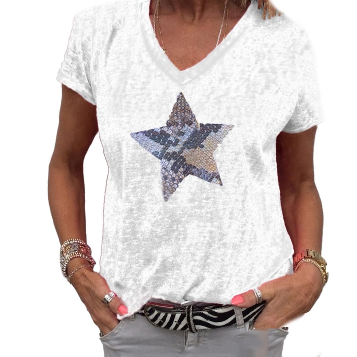 Women Summer T-shirt V Neck Short Sleeve Sequins Star Blouse Top