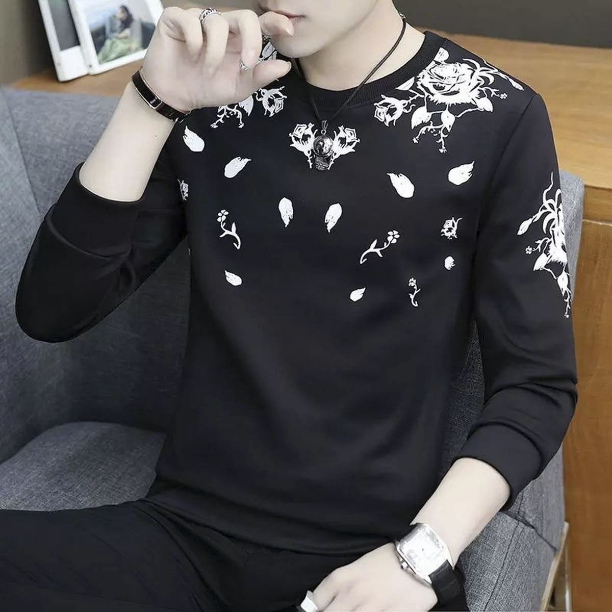 Black Printed  Cotton Full Sleeve Casual T-shirt For Men