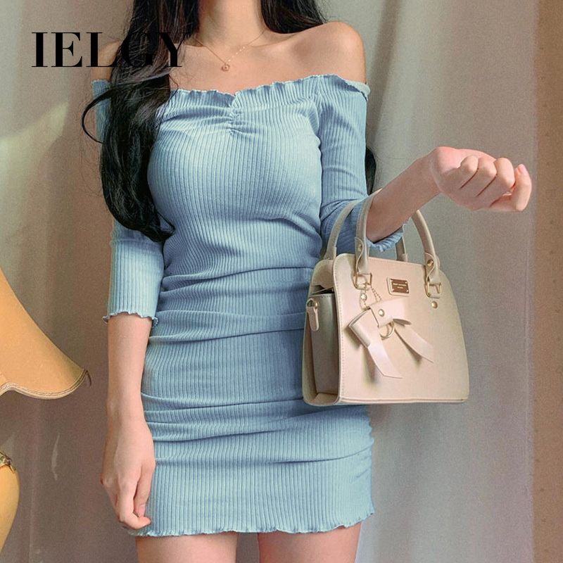 IELGY one-shoulder dress female summer Korean style slim and thin elastic sleeves hip skirt female