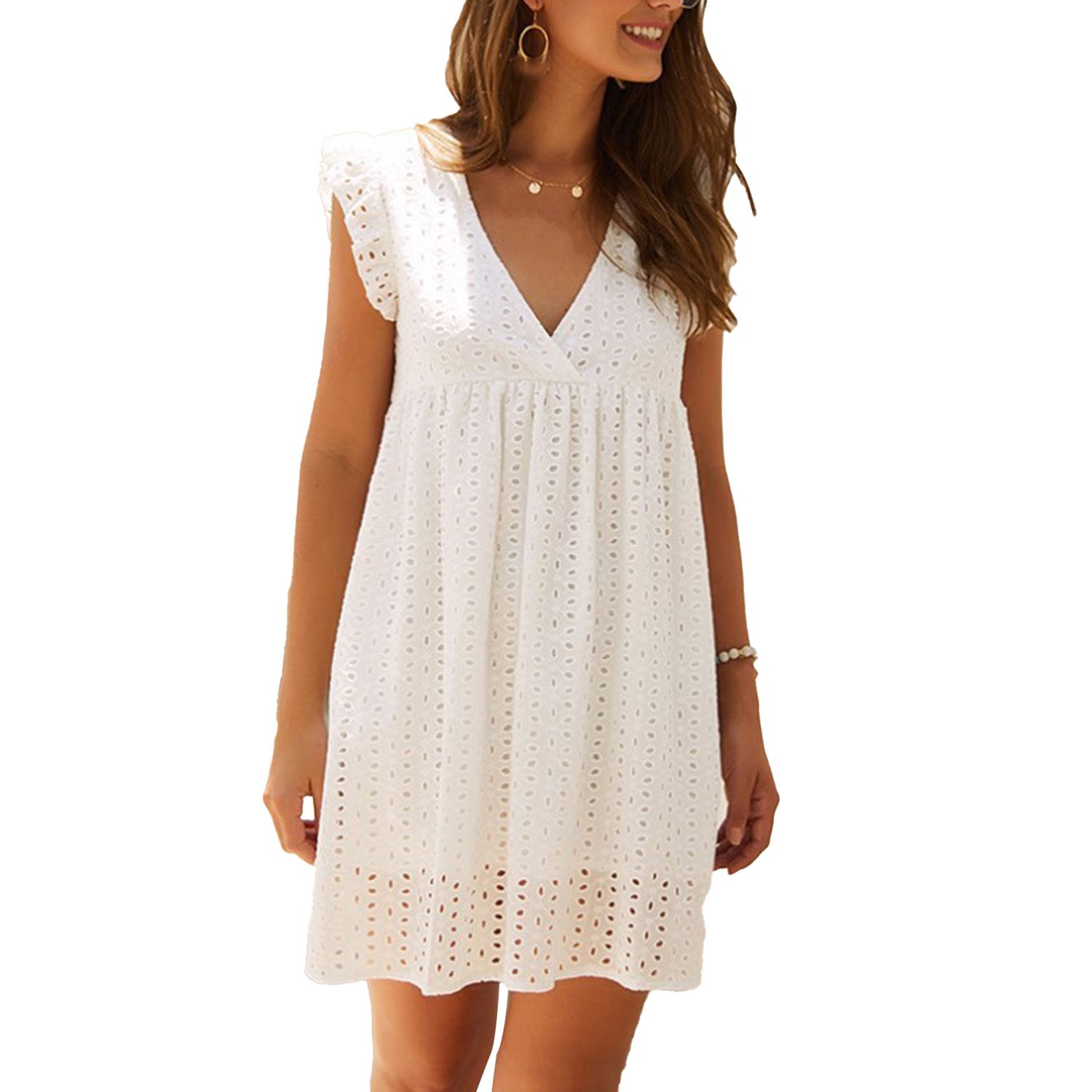 Mini Dress Waist Tied Butterflies Sleeve Women Solid Color Lace V Neck Dress for Dating
