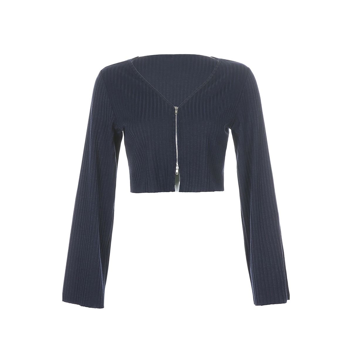 Women’s Casual Long Sleeve Cardigan Fashion Solid Color Zipper Exposed Navel T-shirt