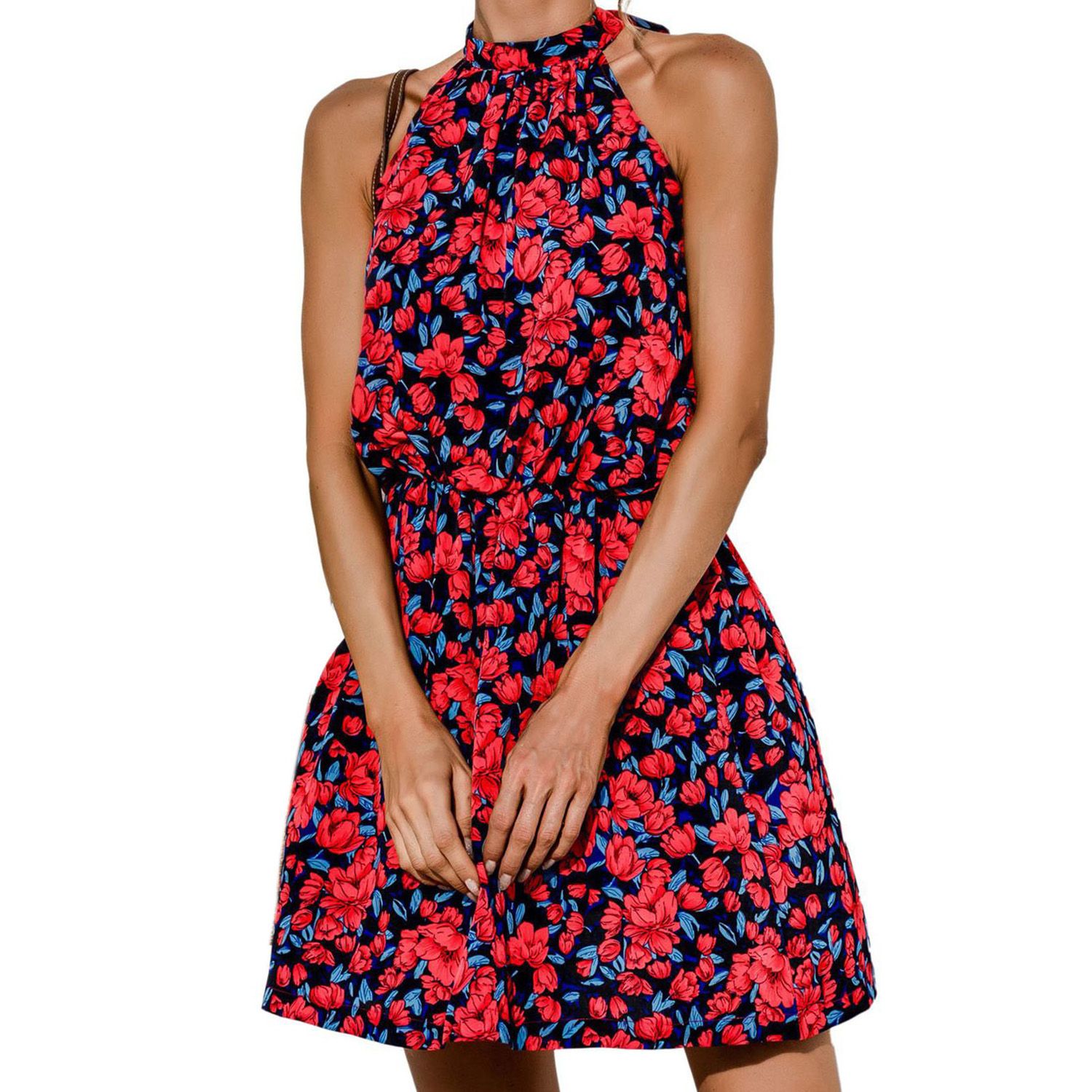 Summer Dress O-neck Retro Bohemian Print Halter Short Dress