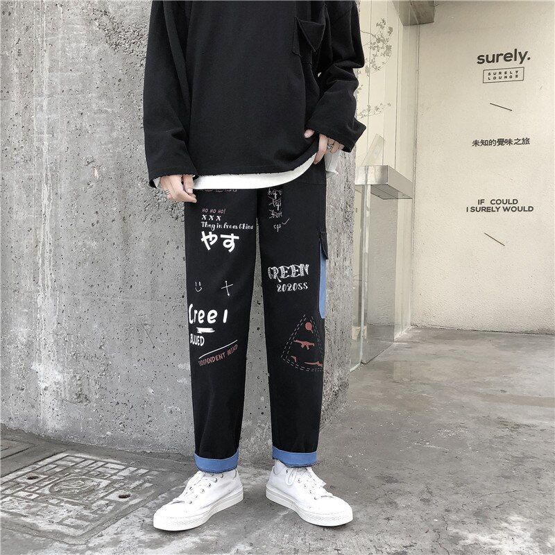 Straight Denim Jeans Men Graphic Printed Jeans Streetwear Jeans Man Wildleg Pants Hip Hop Korean Harajuku Fashion Pants