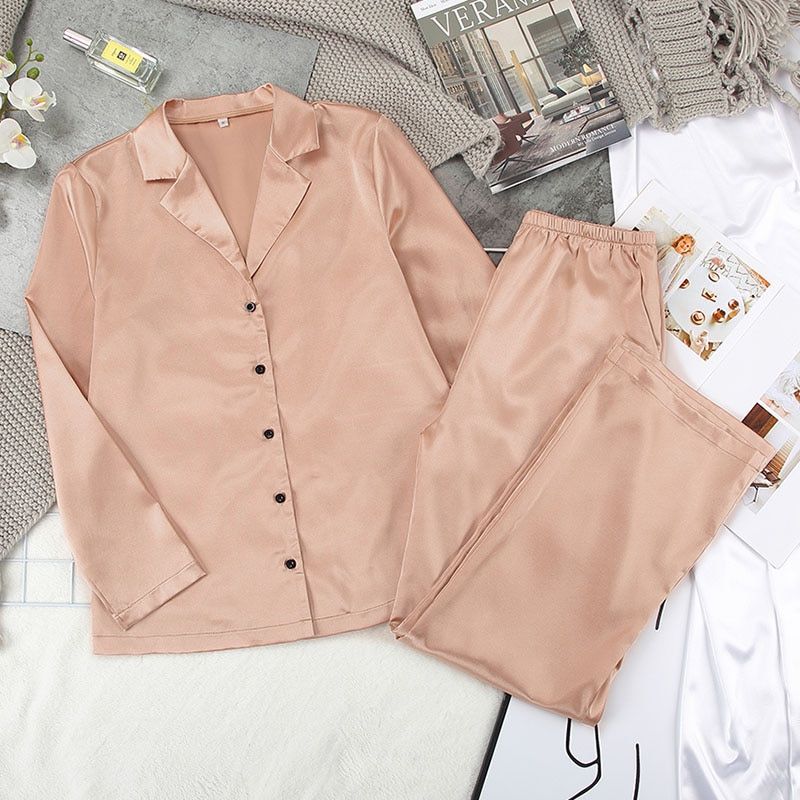 Black Long Sleeve Home Suit For Women Sleepwear Satin Pyjamas Set  Solid Basic Two Piece Set Top And Pants Spring Pjs