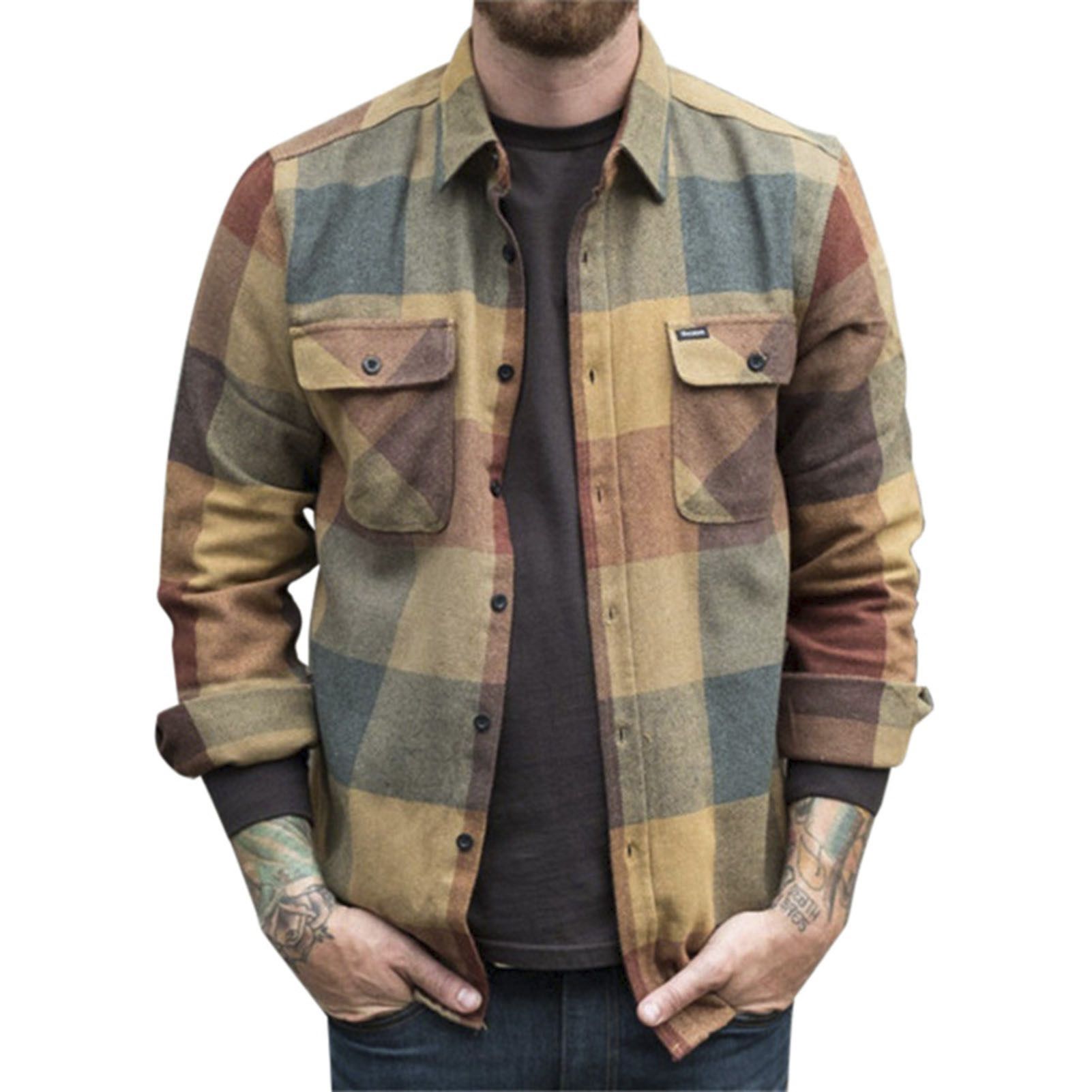 Casual Coat Flap Pockets Outdoor Plaid Print Shirt Jacket