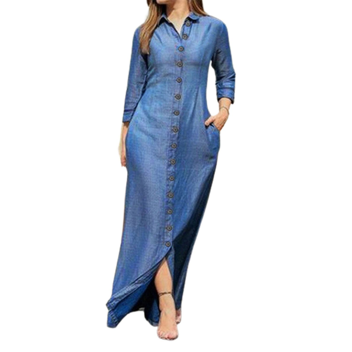 Shirt Dress Intellectual Pure Color Single ed Denim Dress