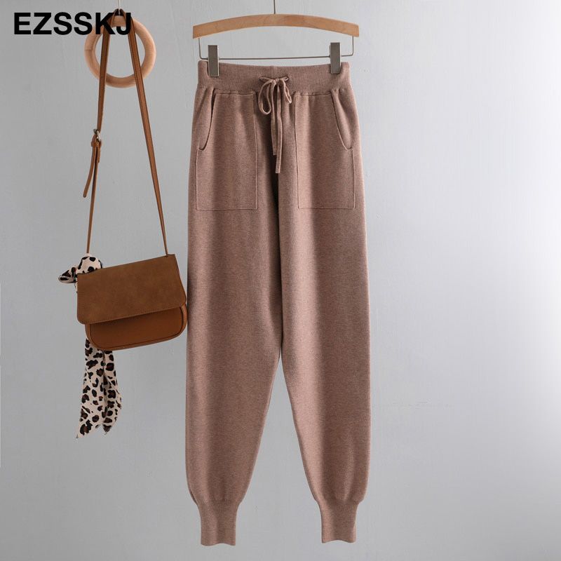 Women Elastic Waist Drawstring Trousers Knitted Harem Pants Autumn Winter Sport swear Women'S Pants Bottoms