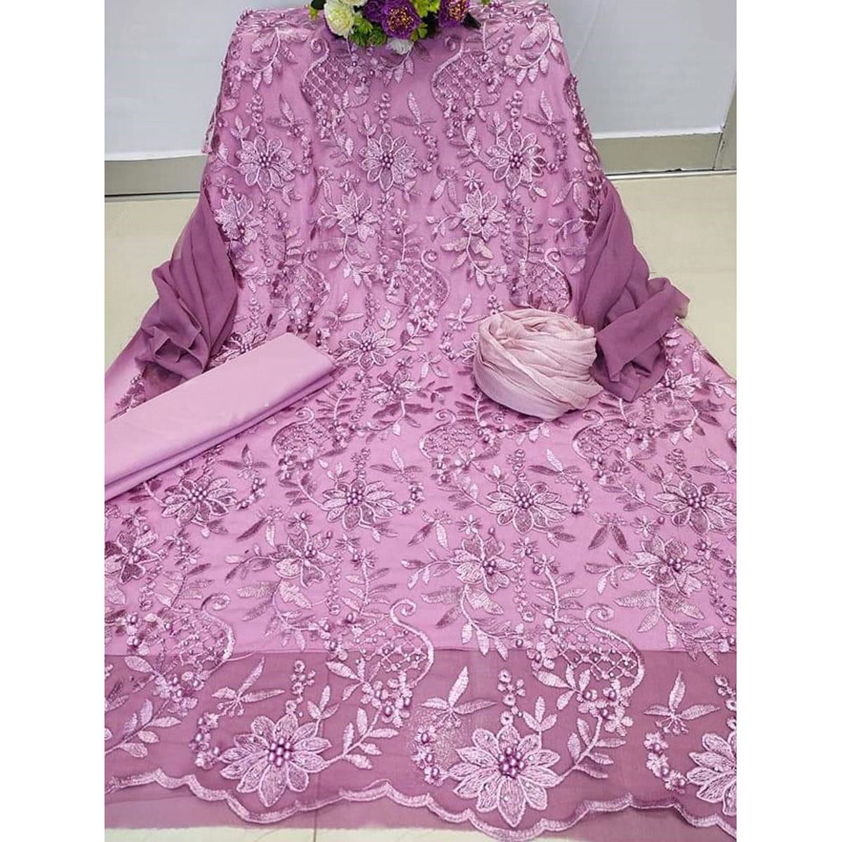 Indian Unstitched Georgette Salwar Kameez Three Piece For Women Collection Onion Colour  Bonolota