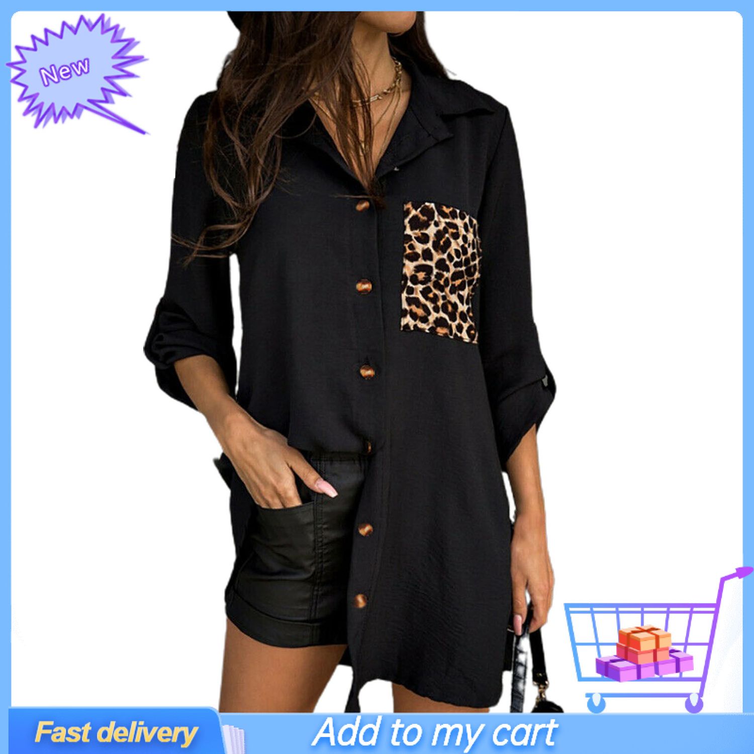Shirt Leopard Patch Pocket Loose Casual Ladies Long Sleeve Button Placket Tops for Work