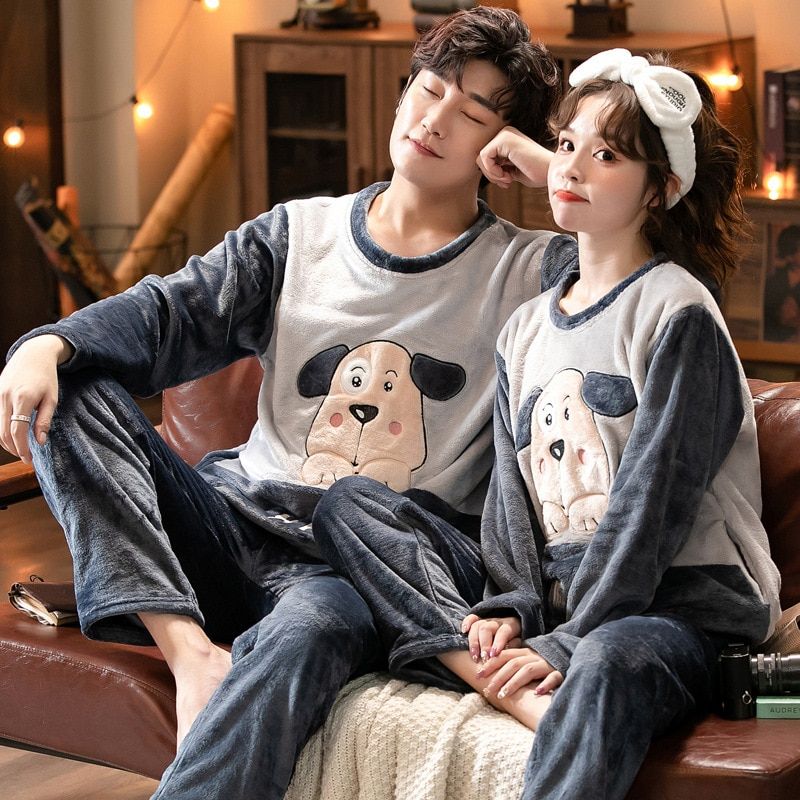 Autumn Winter Pajama Sets Pyjamas Women Cartoon Cute Home Wear Men Pijama Clothes Flannel Sleepwear Dinosaur Couple Sleepwear