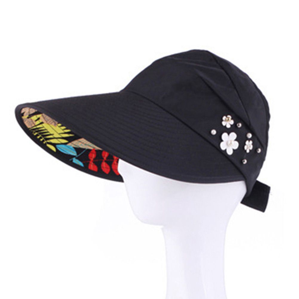 Women Solid Color Wide Brim Beads Flower Decor Sun Hat Visors Outdoor Sports Cap