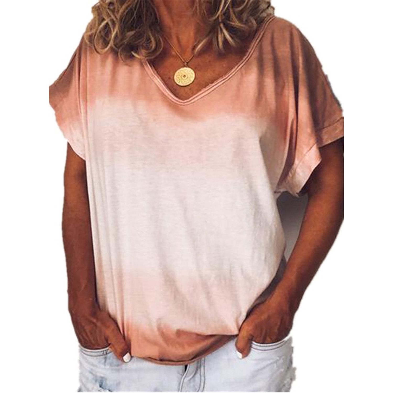 Casual Cozy T-Shirt Loose V-Neck Gradient Short Sleeve Tunic Pullover Wild Fashion Top Clothes