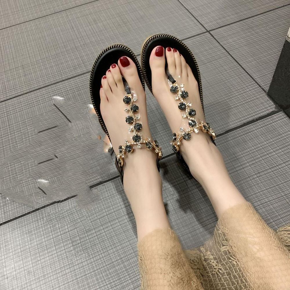 WomenThongSandalsT-TypeOpenToeRhinestoneFlatBottomRomanSandalsShoes