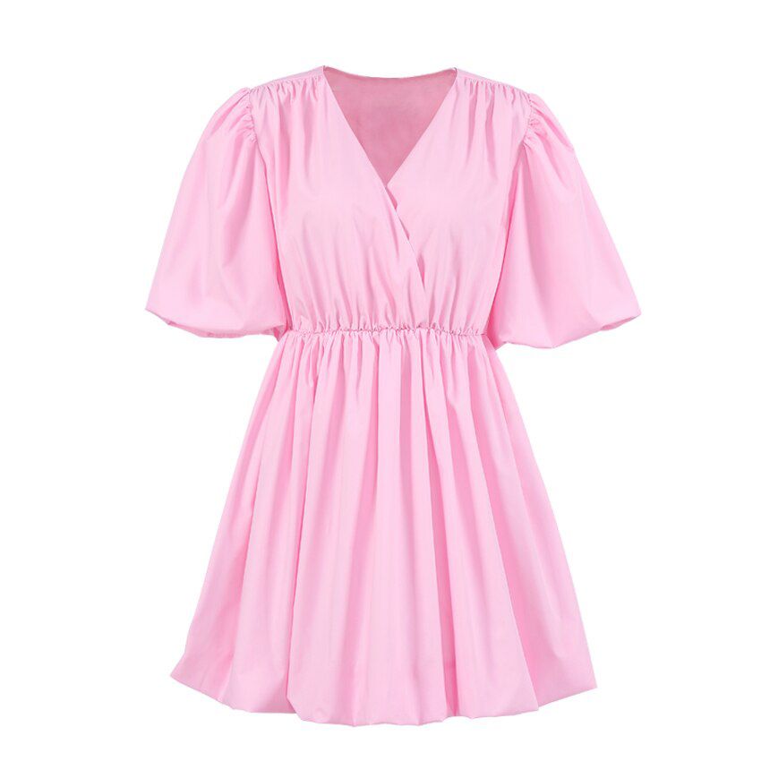 Fashion Casual Short Dresses Women Lantern Sleeve V-Neck Black Dress Summer Elegant Pleated A-Line Dress Ladies