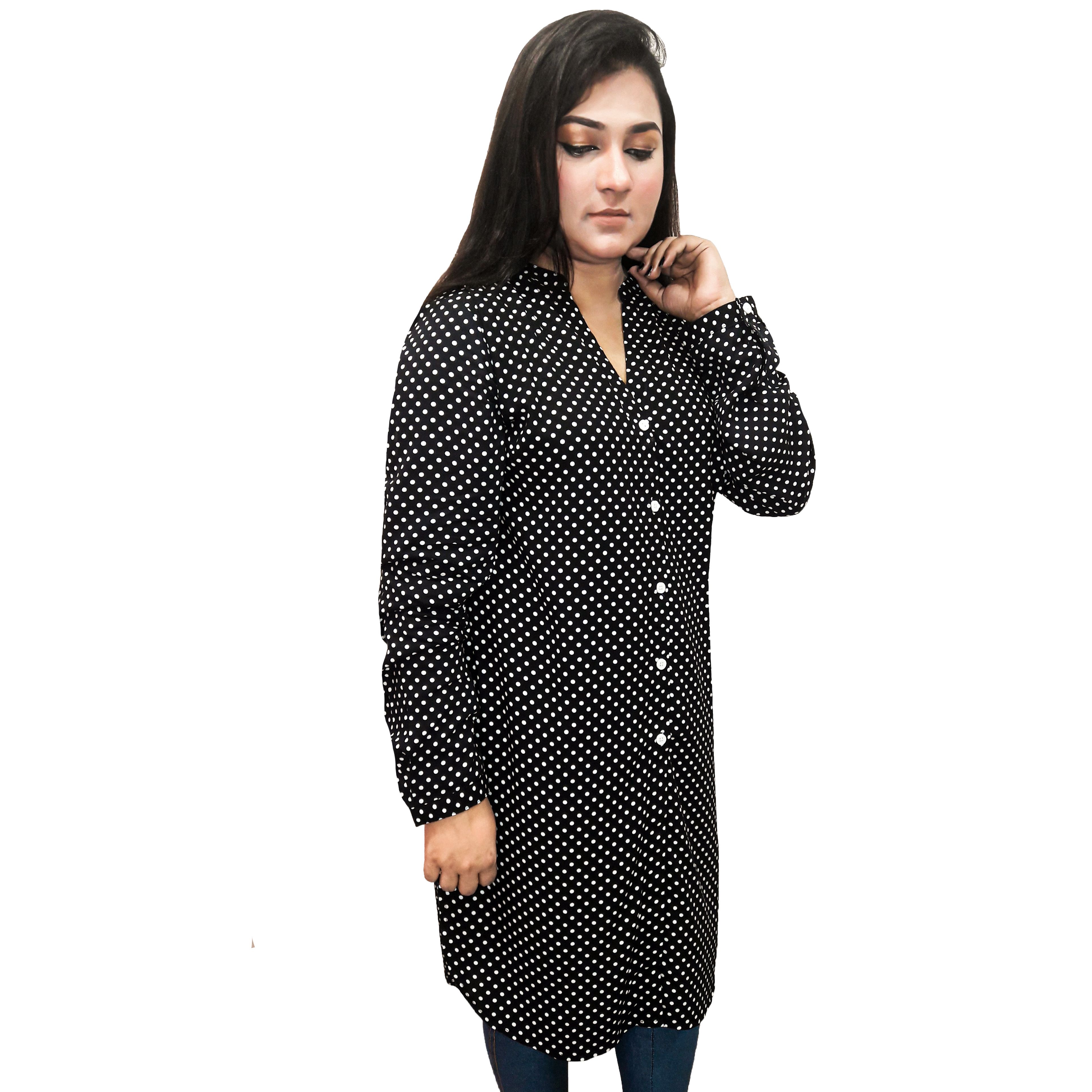 Dot Printed Viscose Long Sleeve Ladies Long Top (BLACK/WHITE/LONG/CT-37)