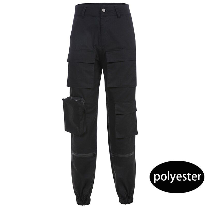 Sweetown Black Cargo Pants Women Fashion Pockets Patchwork Hippie Trousers Fake Zipper Woven High Waist Streetwear Pants
