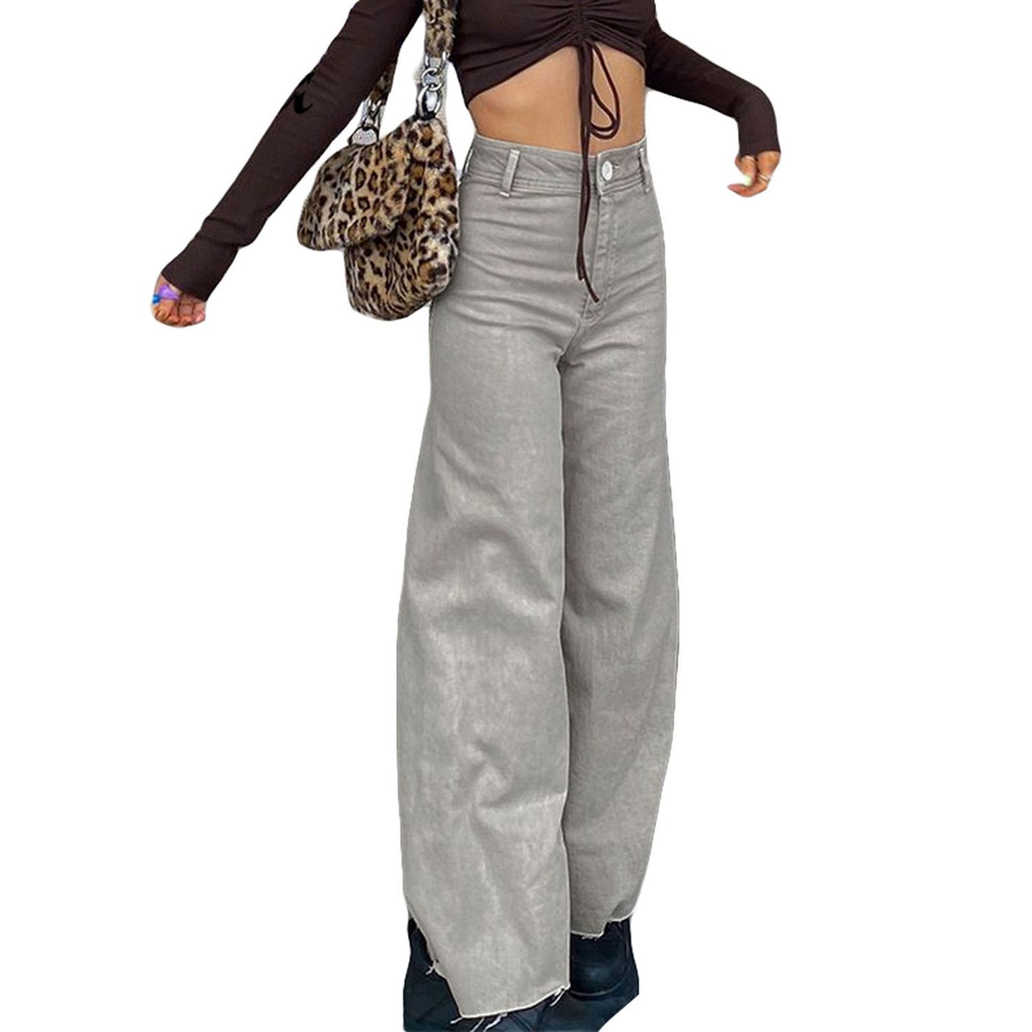 Women Spring Jeans, Solid Color Middle-Waist Loose Flared Pants with Pockets for Girls, 4 Colors