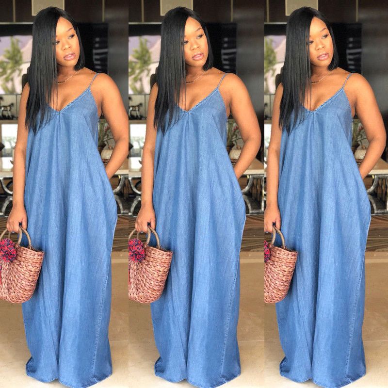 Women Lady Boho Backless Women Ladies Baggy Denim Jeans Maxi Dress Women Dresses Loose Strapless Vestidos Plus Size S-XXXL