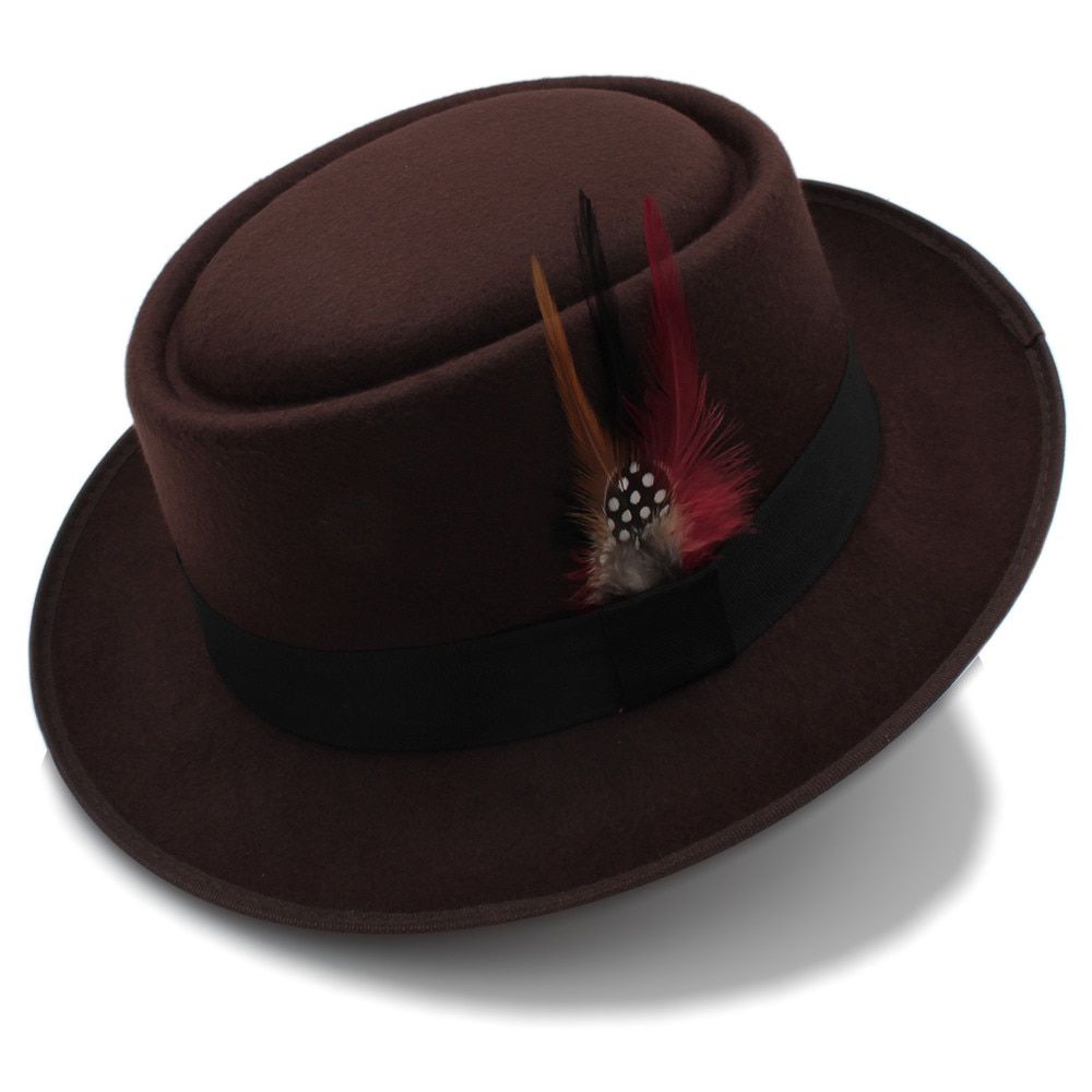 Fashion Men Pie Hat Dad Wool Flat Fedora Hat Gentleman Gambler Panama Trilby Hat With Fashion Feather Size 58CM