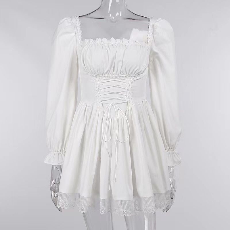 Japanese Lolita Princess Black Gothic  Mini Bad Girl Dress Kawaii High Waist Puff Sleeve Lace Ruffles White Party Robe Women