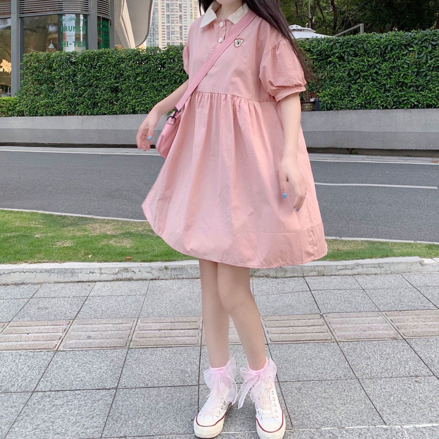 Japan Style Women's Dress Cartoon Bear Print Puff Sleeve Turn-down Collar Kawaii Dress Women Summer A-Line Mini Dress Plus Size